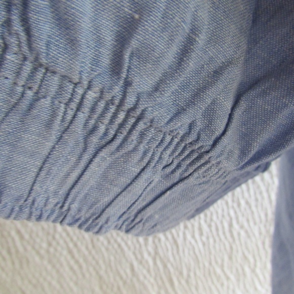 Solid Blue Linen Top XL Short Sleeve M & S Collection Shirt Elastic Sleeve - Picture 9 of 9